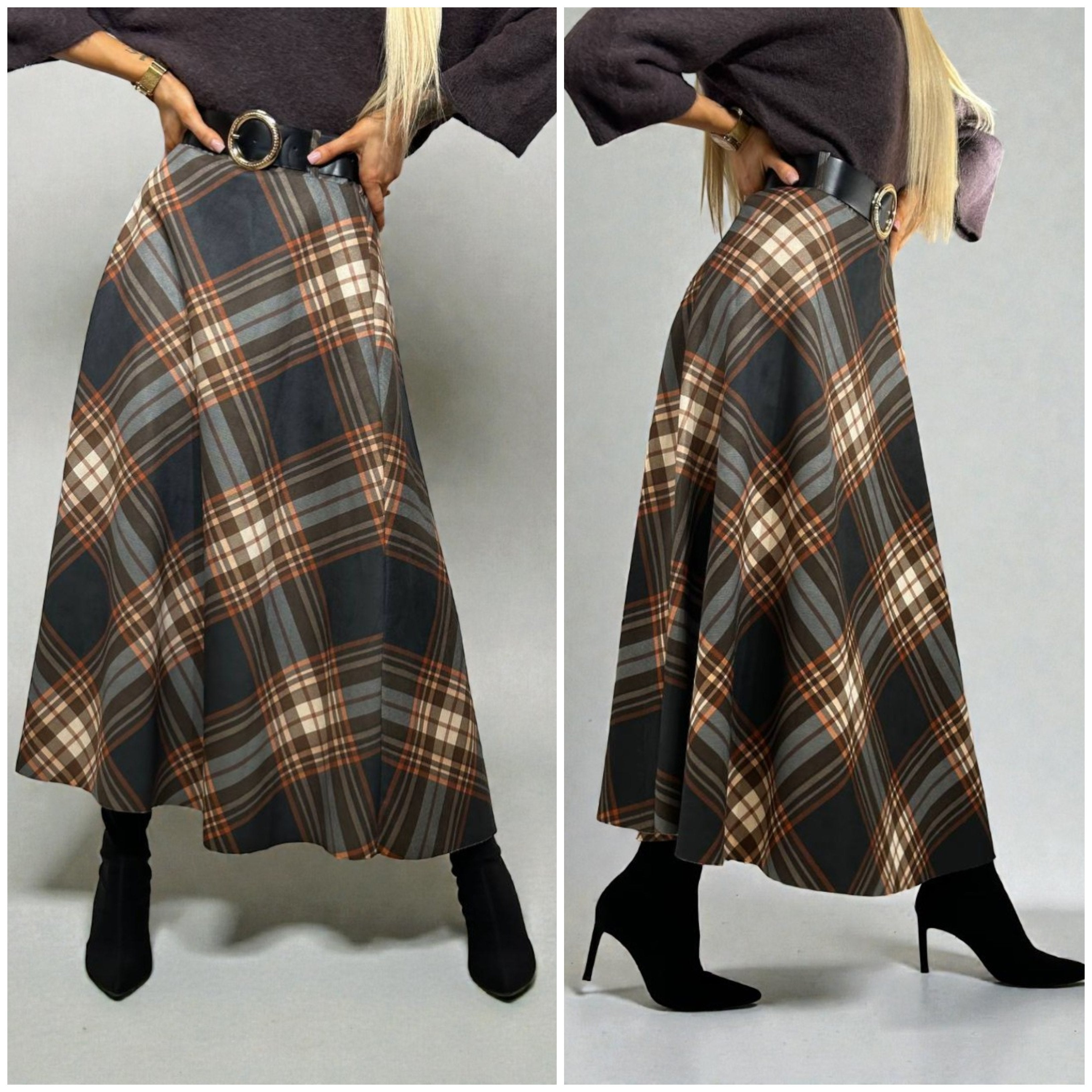 Brūni rūtaini svārki ar jostu