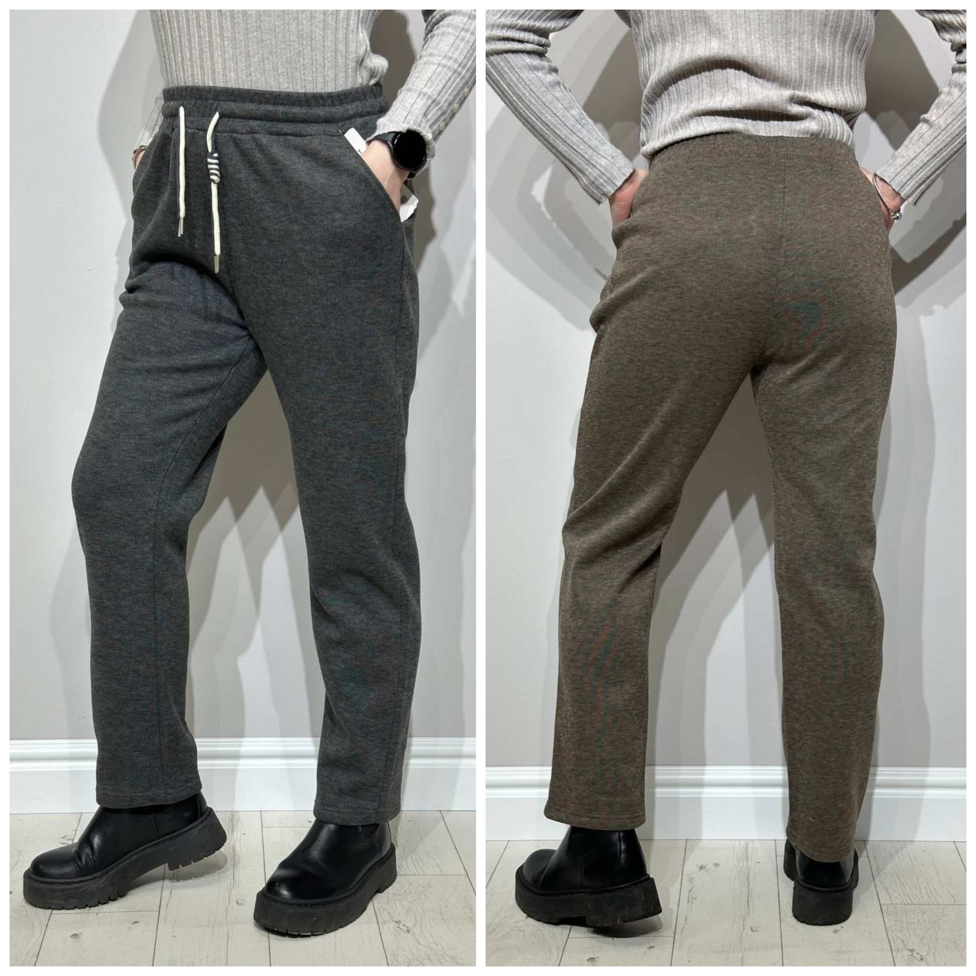 Kolāža ar siltām sieviešu biksēm