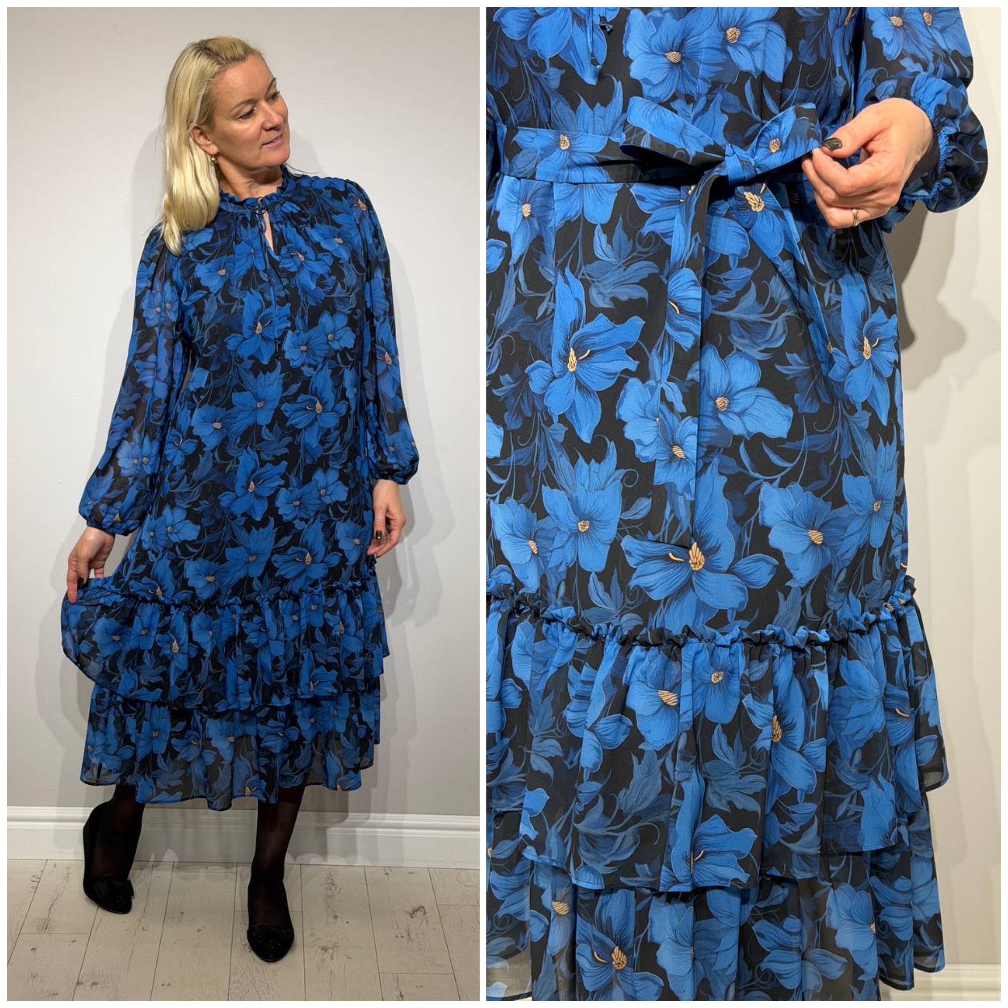 Svinīga ziedu rakstu zila kleita