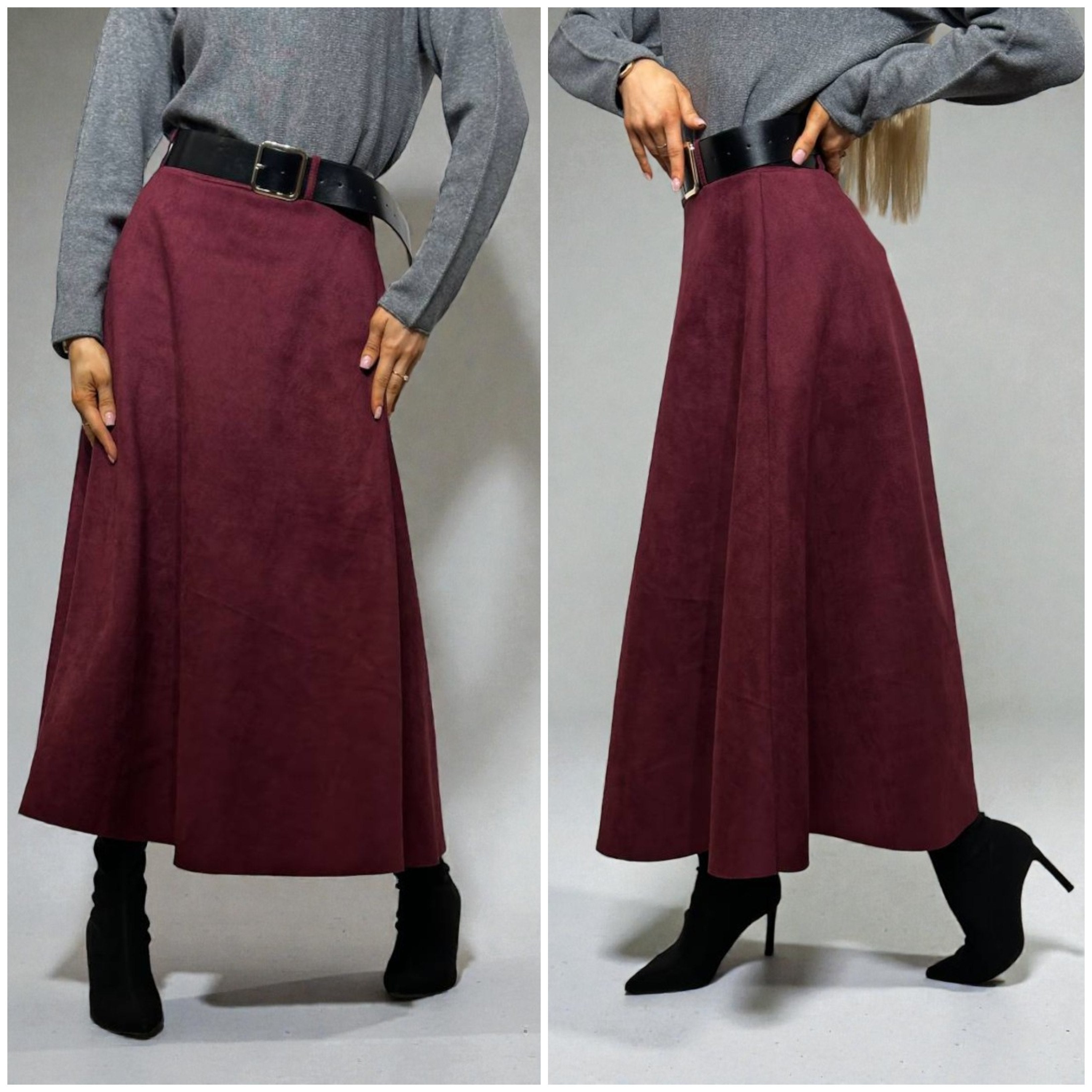 Velūra bordo svārki ar jostu