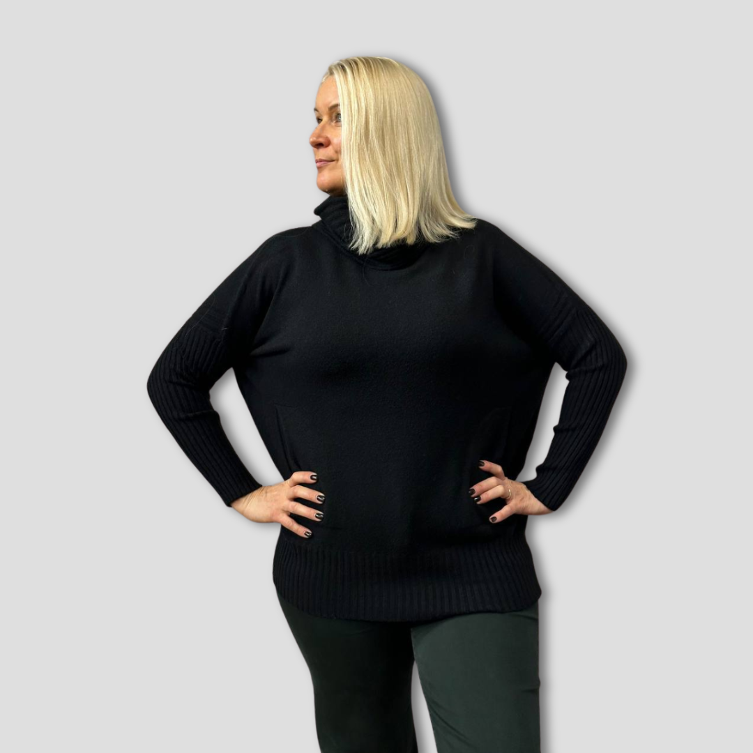 melns sieviešu džemperis ar garām piedurknēm