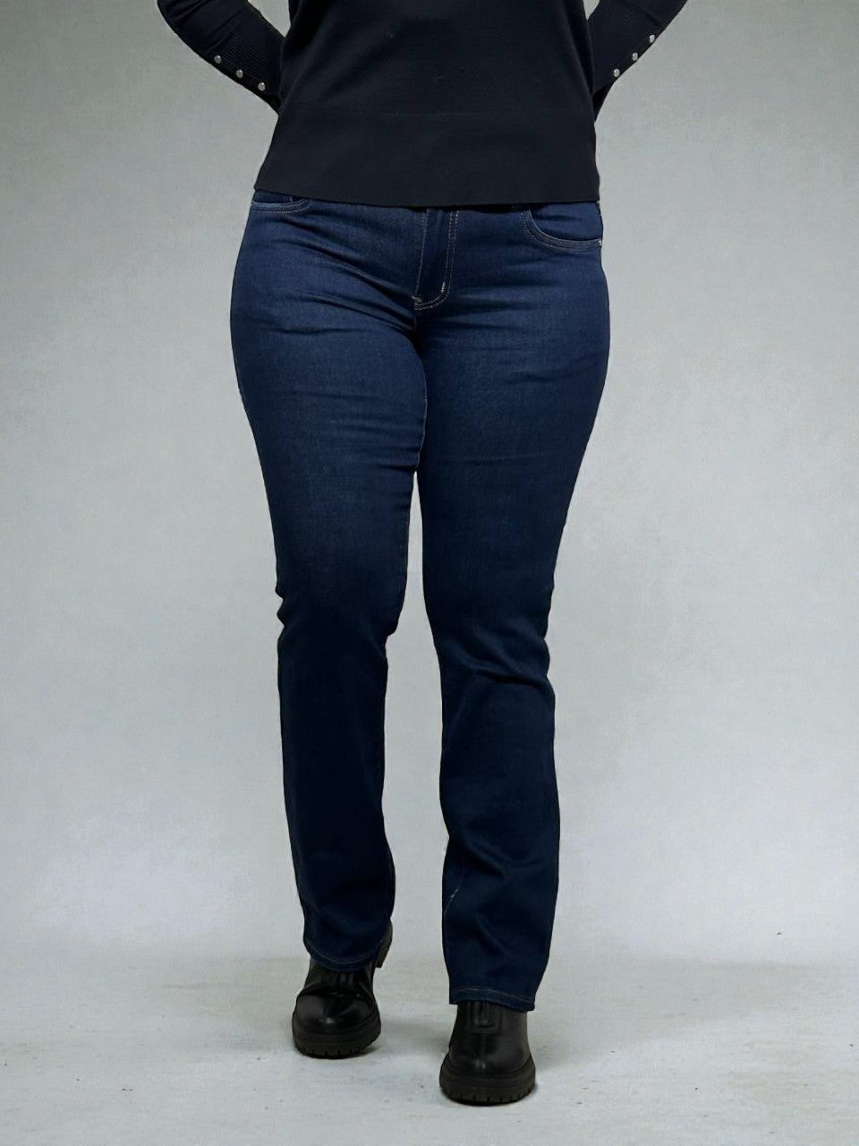 Lengthened, straight blue jeans for women