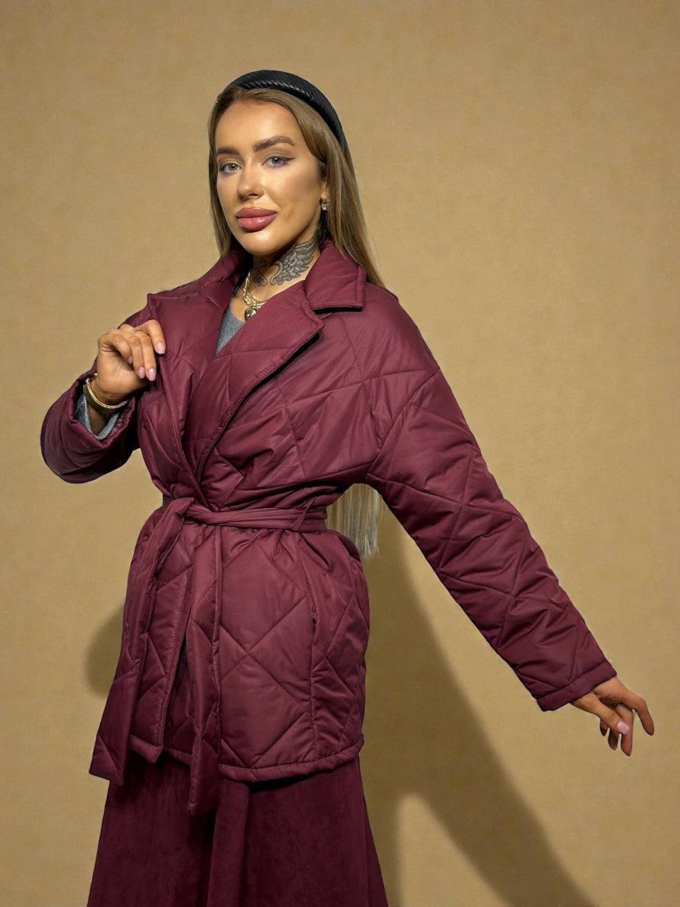 Burgundy overcoat with belt