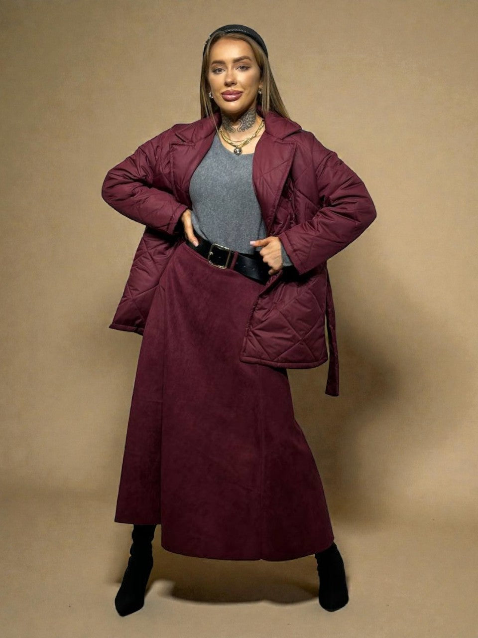 Burgundy overcoat with belt