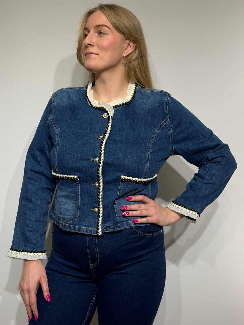 Elegant denim jacket with decorative trim