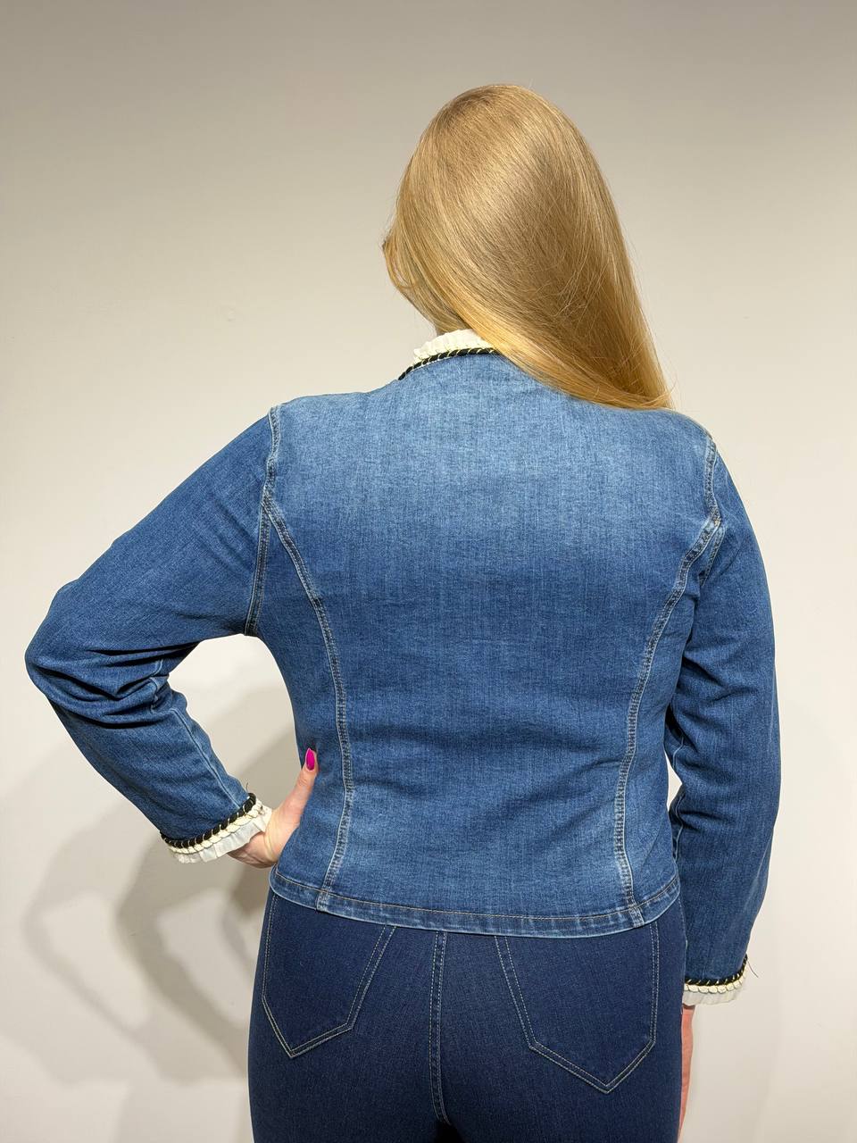 Elegant denim jacket with decorative trim