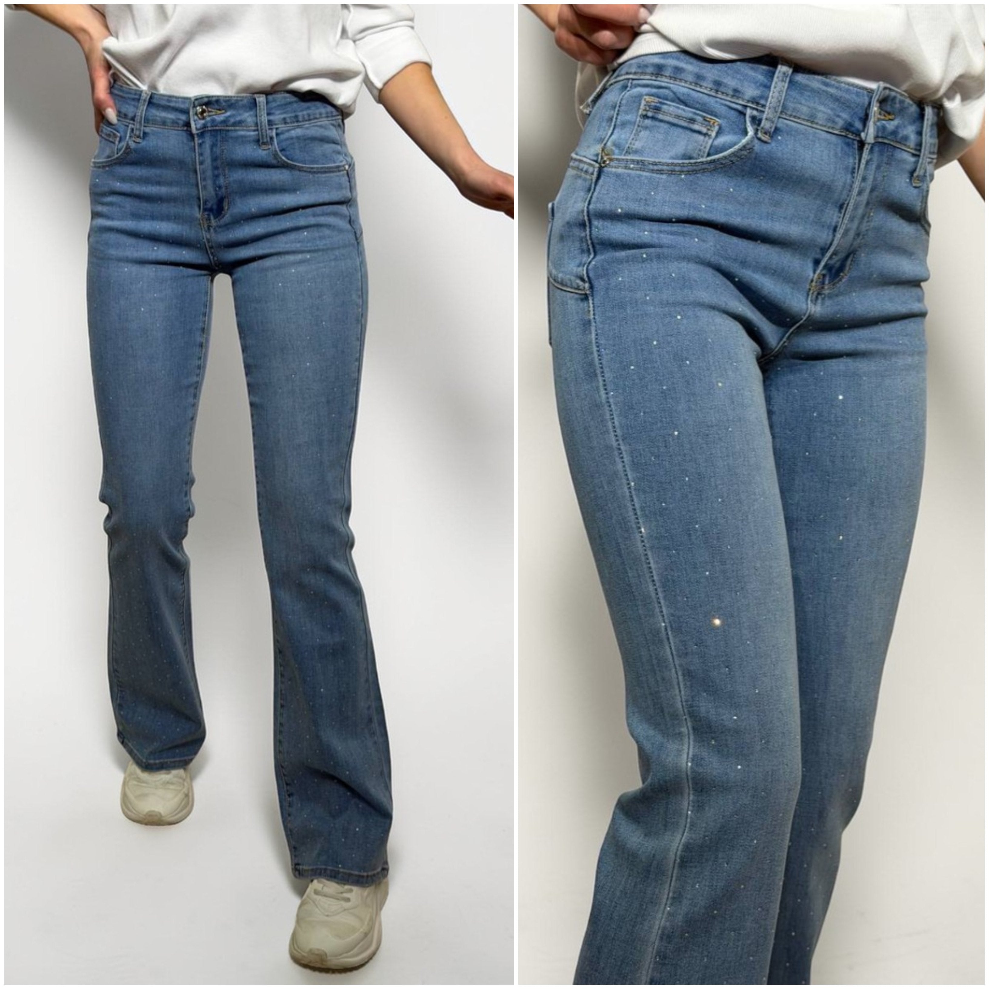 Džinsi ar kristāliem, paplatinātu staru