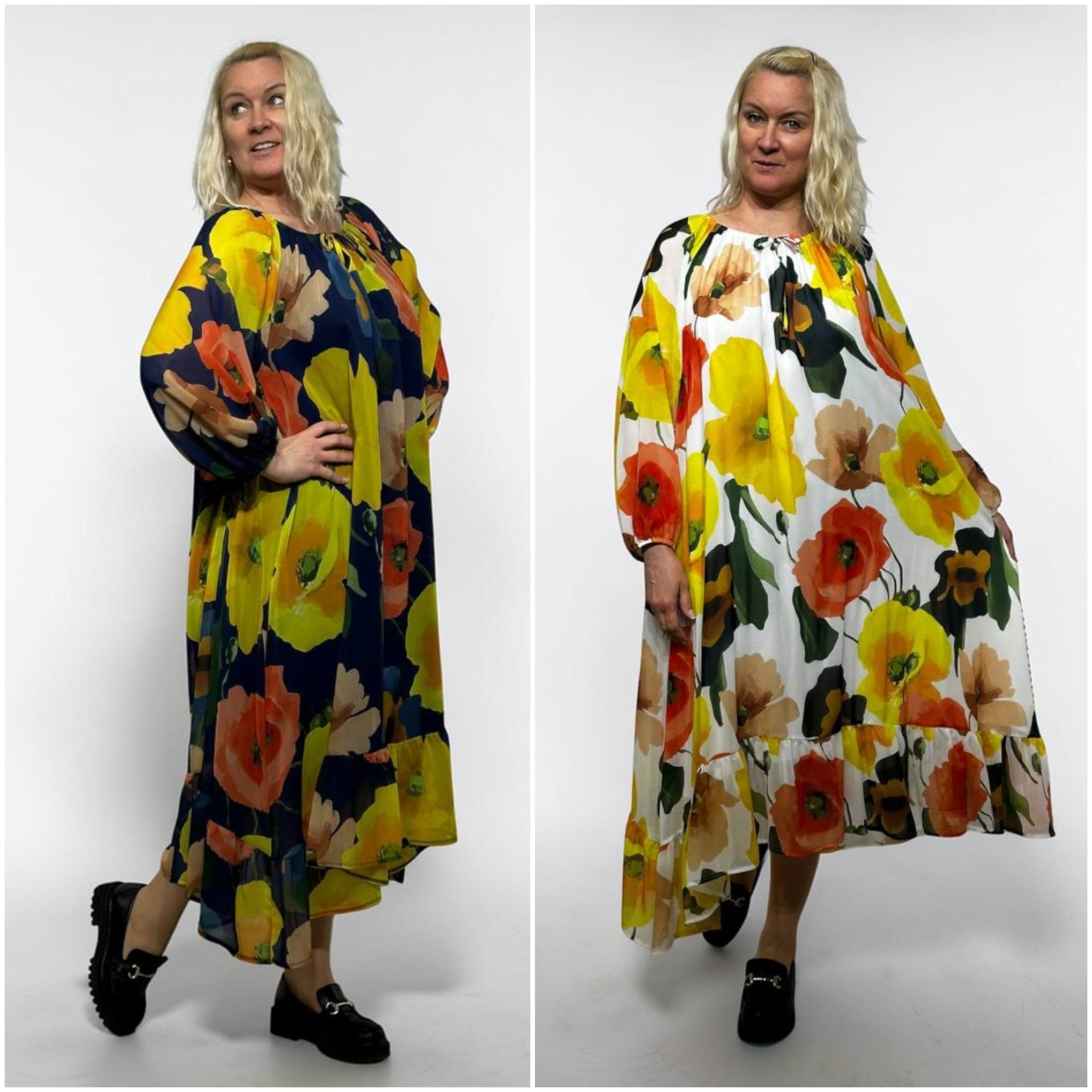 Didelio dydžio su gėlių raštu suknelė