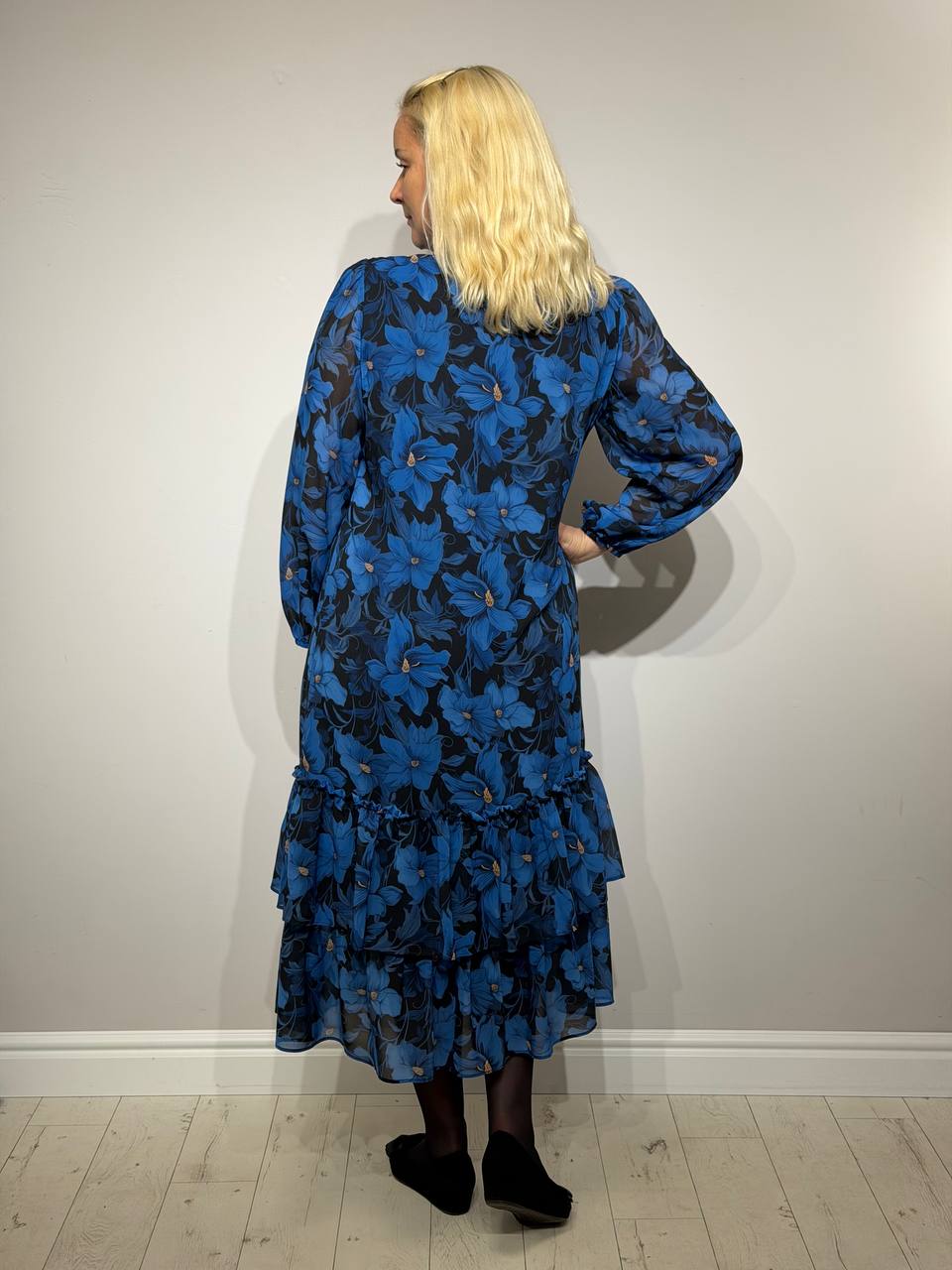 Festive blue dress with floral pattern