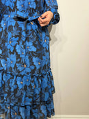 Festive blue dress with floral pattern