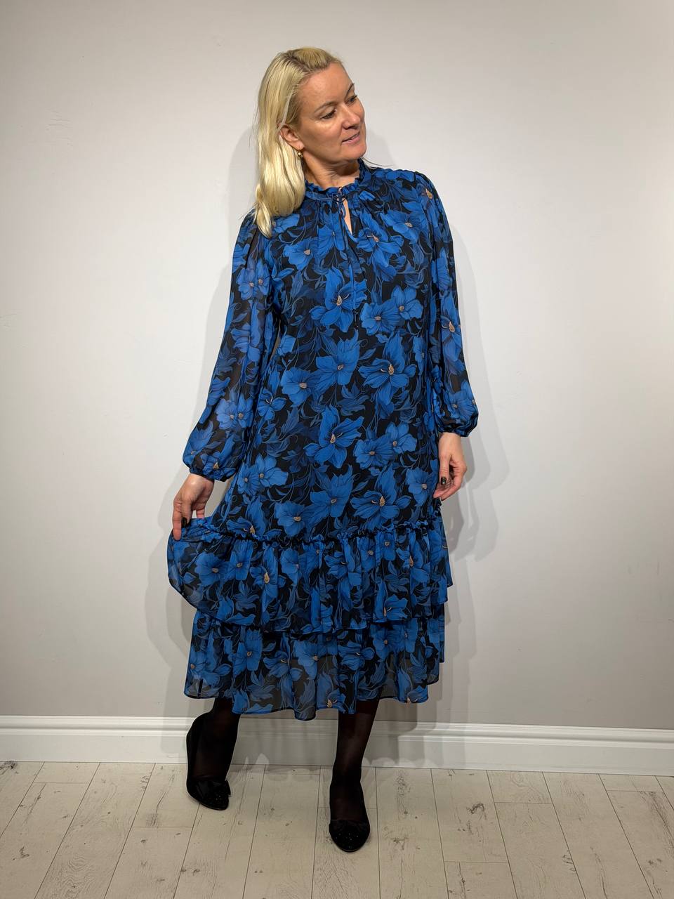 Festive blue dress with floral pattern