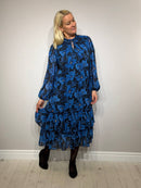 Festive blue dress with floral pattern