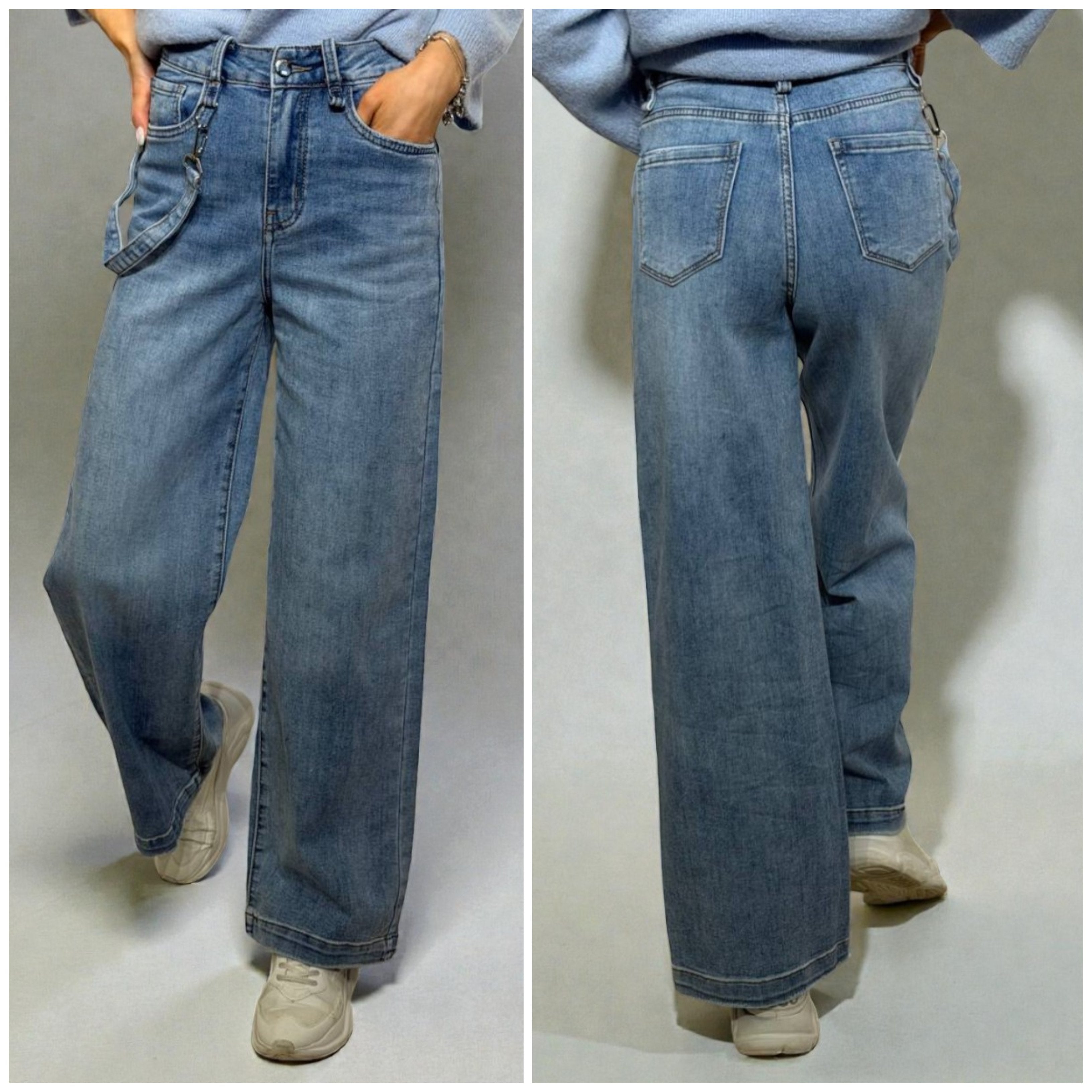 Wide leg džinsi ar dekoratīvu karabīnes lentīti